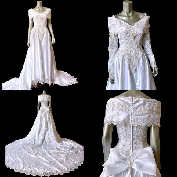 Vintage 90s Mori Lee Wedding Dress Size 6 Beaded Pearl Off Shoulder Bow Train - Picture 1 of 16